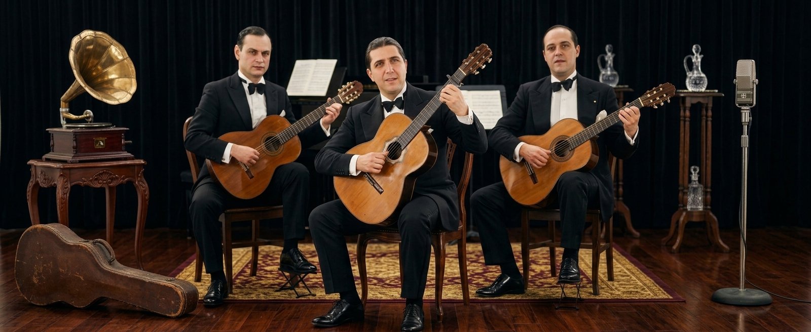 Recreation of Carlos Gardel with his guitarists